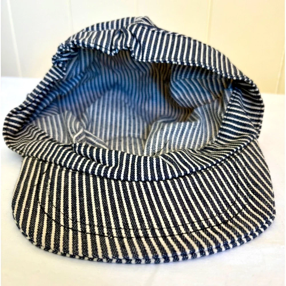 Kids Railroad Engineer Hat Blue White Hickory Stripe Conductor Cap Elastic Back